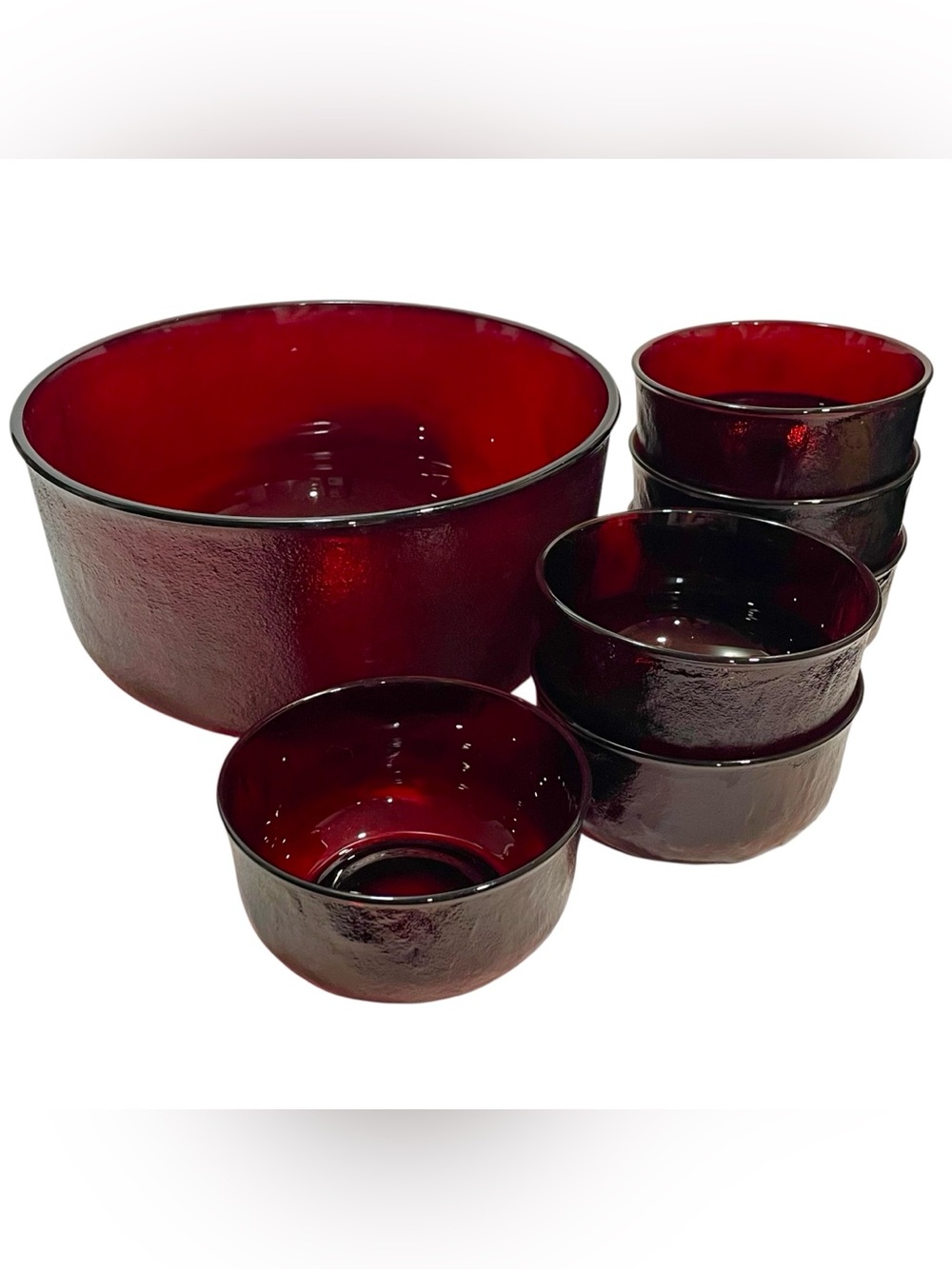 Vintage 1980s Arcoroc France Sierra Ruby Red Bowl Full Set French Pressed Glass